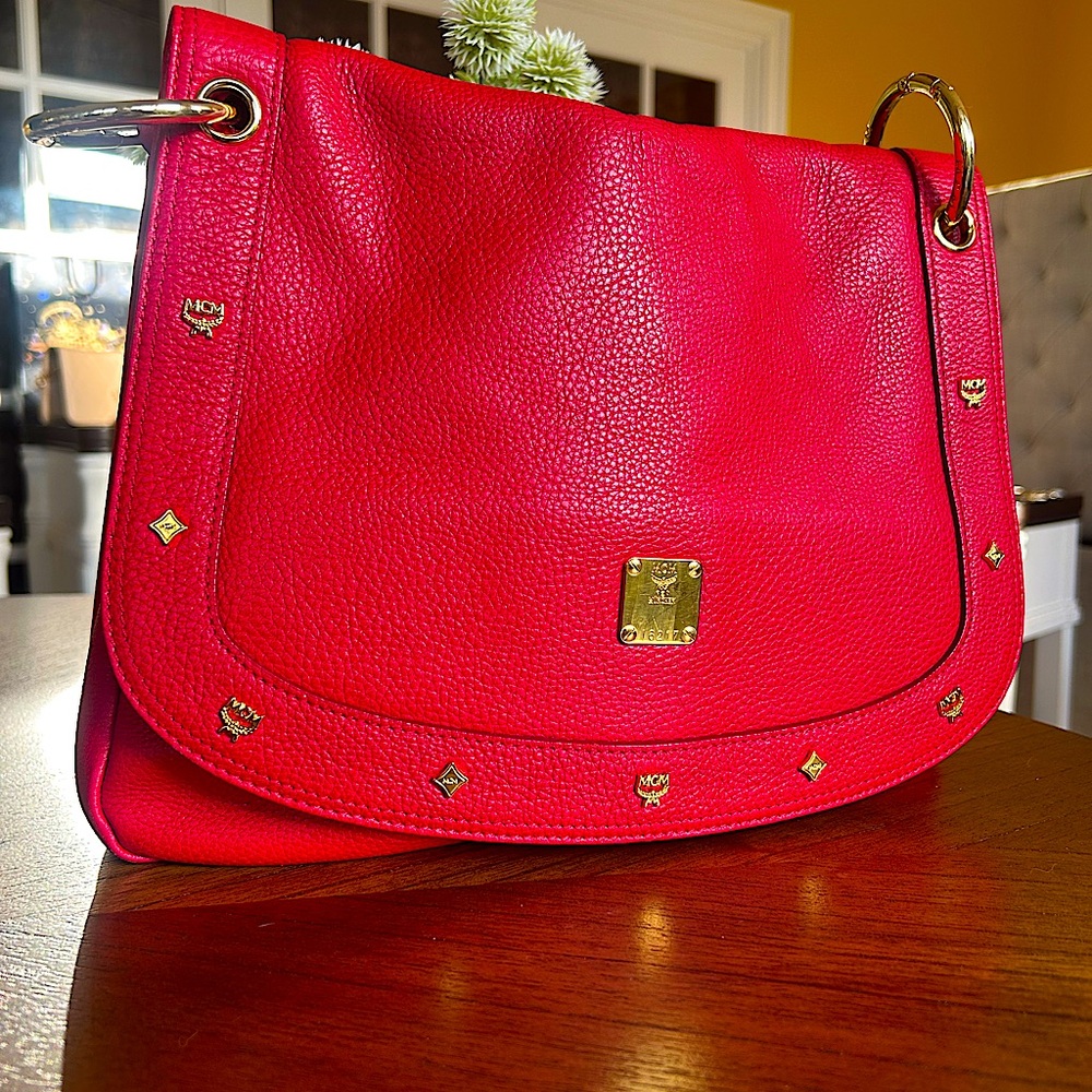 MCM RED LEATHER STUDDED DETAIL FLAP 2 WAY SHOULDER BAG